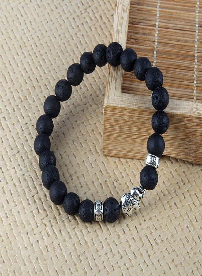 EDMIRIA Natural Semi Precious Stones Lucky Fortune Elephant Charm Positive Energy 7 Chakra 8mm Gemstones Beads Elastic Stretchable Bracelet for Men & Women (Lava) - Image 5