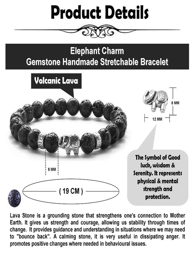 EDMIRIA Natural Semi Precious Stones Lucky Fortune Elephant Charm Positive Energy 7 Chakra 8mm Gemstones Beads Elastic Stretchable Bracelet for Men & Women (Lava) - Image 4
