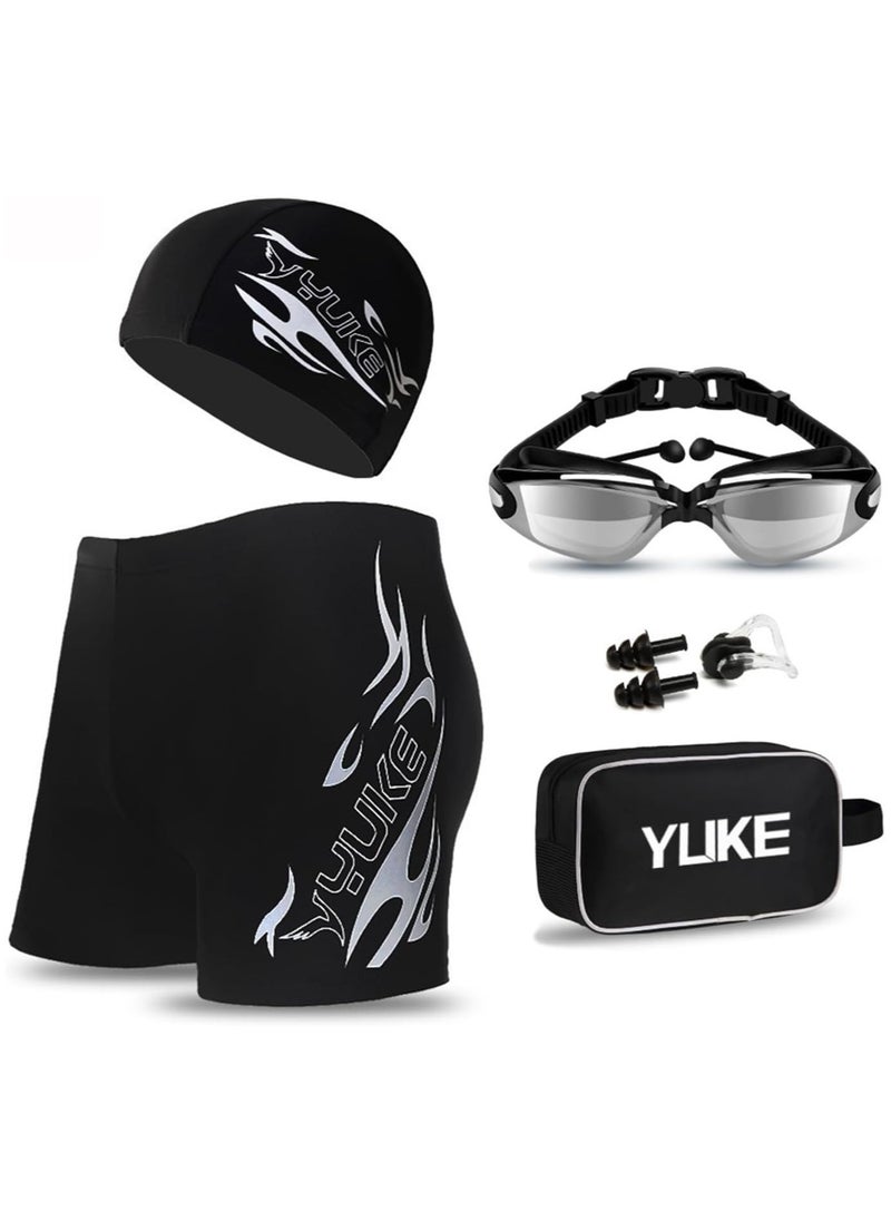 YUKE Men's Swimwear Set,6Pcs Swim wear Set,Swimming Trunks,Swim Goggles,Swim Cap,Ear Plugs,Nose Clip,Swim Bag.Adult Swimwear,Beach Essentials for Summer Fun.(Silver)  - Image 1