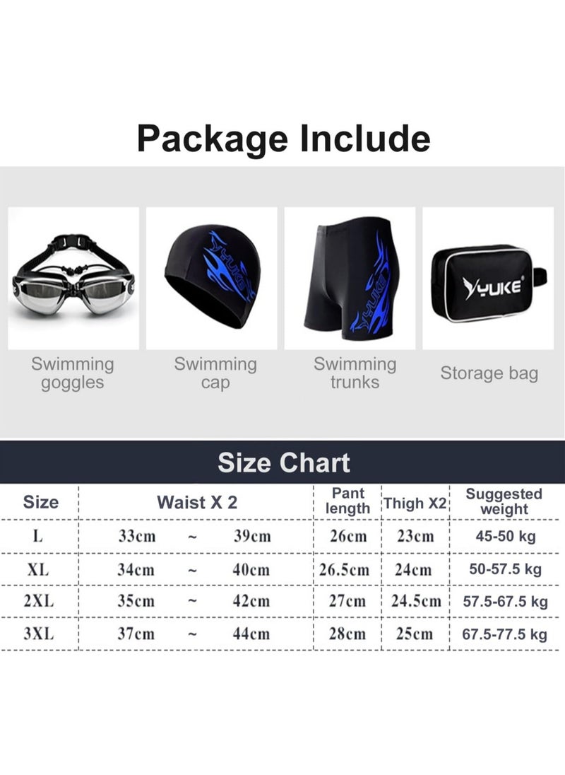 Men's Swimwear Set,6Pcs Swim wear Set,Swimming Trunks,Swim Goggles,Swim Cap,Ear Plugs,Nose Clip,Swim Bag.Adult Swimwear,Beach Essentials for Summer Fun.(Silver)