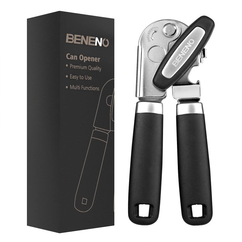 Beneno Multifunctional Heavy Duty Can Opener and Bottle Opener with Magnet Durable Sharp Cutting Blade Smooth Cutting Edge Big EffortSaving Knob  Soft Rubber Grip Handle Black