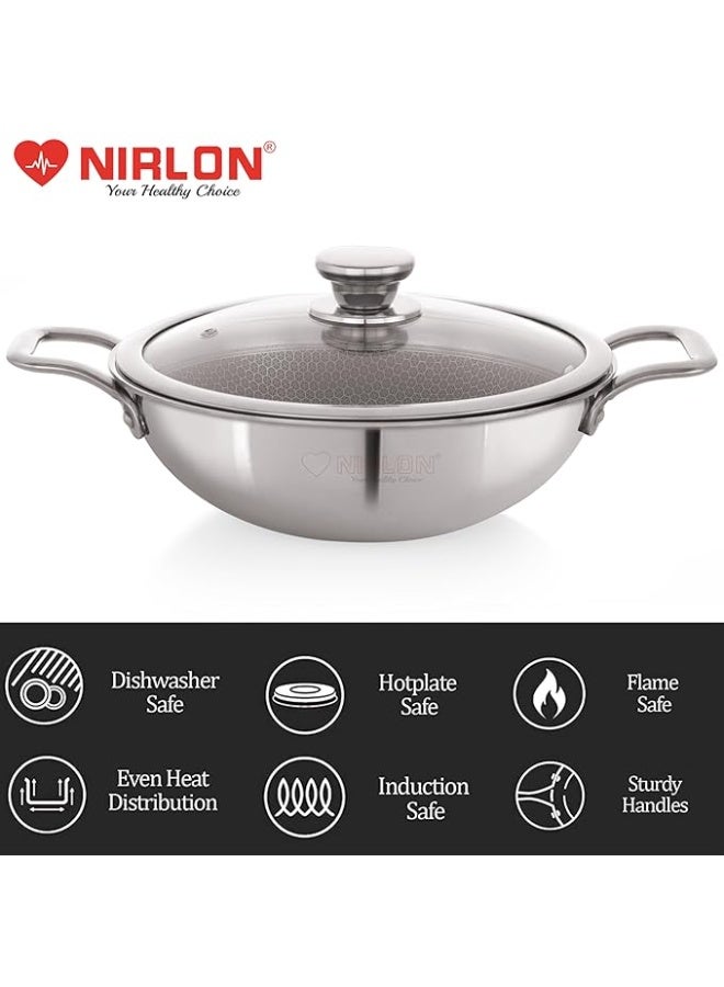 NIRLON Honeycomb Triply Stainless Steel Cookware Deep Kadhai-Kadai-Wok Set of 4|24cm-2.6L|26cm-3.1L with Glass Lid|Heavy-Duty Handle|Metal Spatula Friendly|Easy Cleaning|Induction & Gas Stove Friendly - Image 4