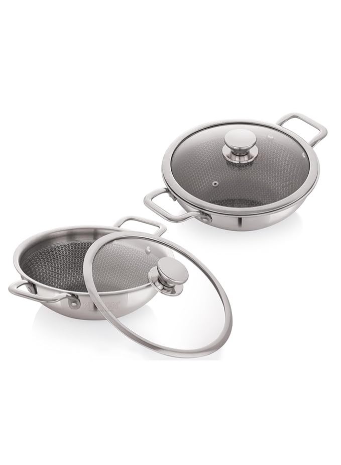 NIRLON Honeycomb Triply Stainless Steel Cookware Deep Kadhai-Kadai-Wok Set of 4|24cm-2.6L|26cm-3.1L with Glass Lid|Heavy-Duty Handle|Metal Spatula Friendly|Easy Cleaning|Induction & Gas Stove Friendly - Image 1