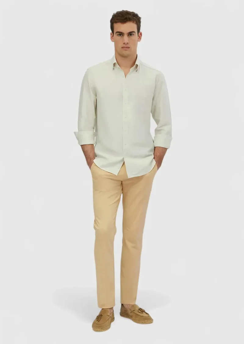 RAMSEY Ecru Striped Casual Fit Weaving Casual Cotton Blended Shirt