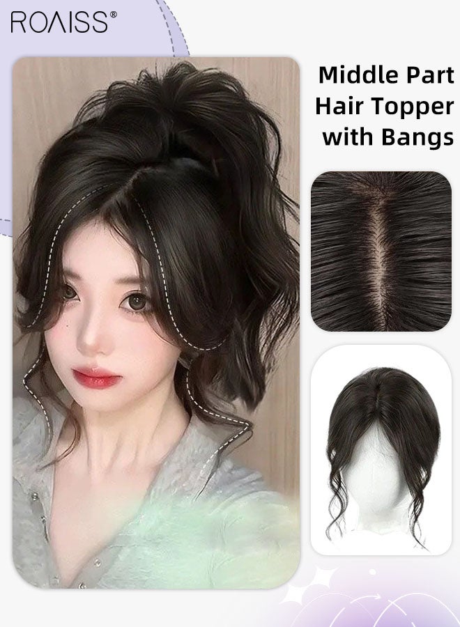 رويس شعر علوي غير مرئي مع غرة للنساء، مشبك شعر على شكل غرة، قطع شعر شبكية داخلية حريرية لتغطية الشعر الخفيف وتساقط الشعر، شعر رمادي، أسود طبيعي، - Image 1