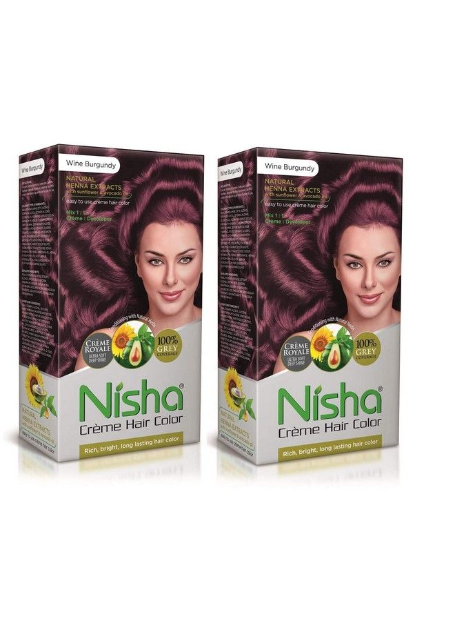 Nisha Crème Hair Color With Natural Henna Extracts For Unisex 60G + 60Ml + 18Ml Wine Burgundy (Pack Of 2) - Image 1