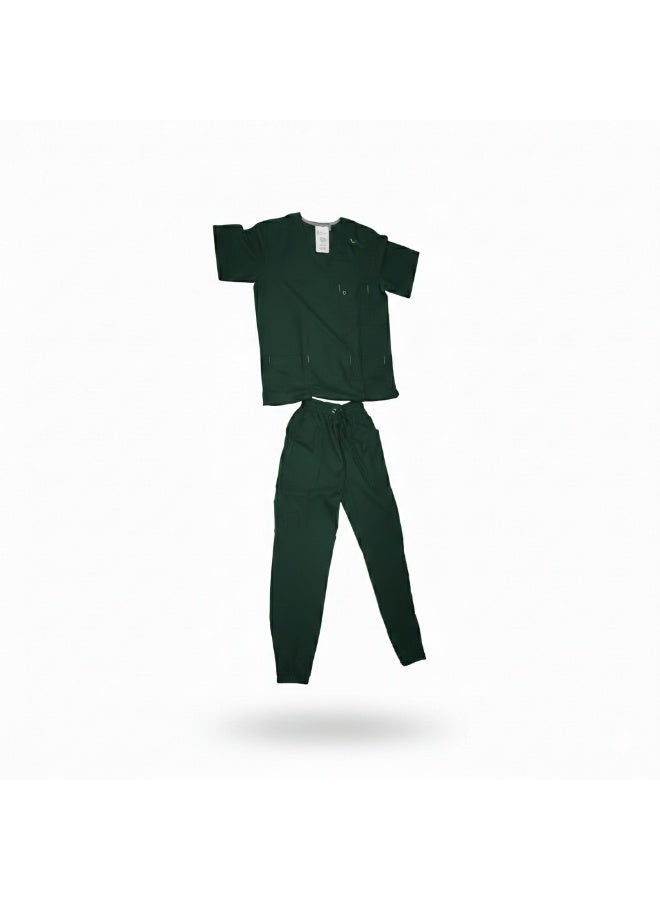 سكراب طبي بأكمام قصيرة باللون الأخضر الداكن مناسب للاستخدام اليومي في المستشفيات والعيادات. تصميم عملي بخامة مريحة للحركة وسهلة العناية والتنظيف. - Image 2