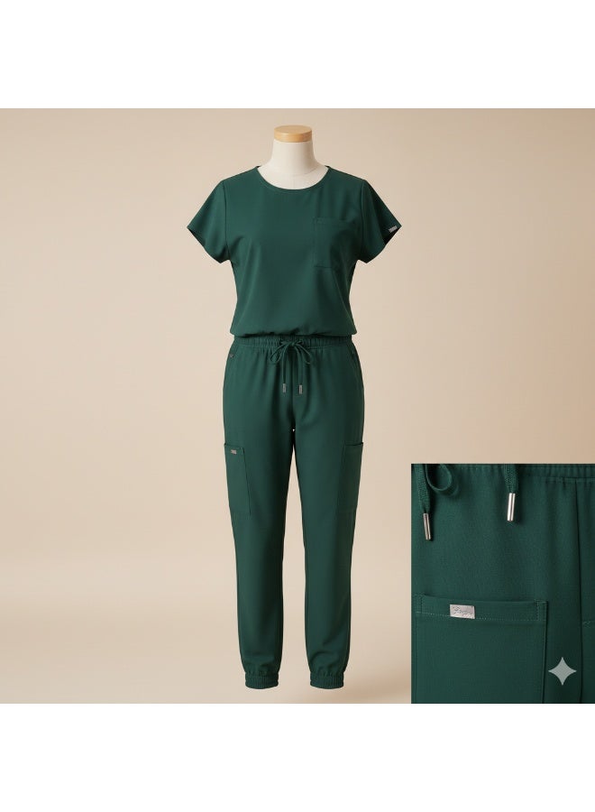 سكراب طبي بأكمام قصيرة باللون الأخضر الداكن مناسب للاستخدام اليومي في المستشفيات والعيادات. تصميم عملي بخامة مريحة للحركة وسهلة العناية والتنظيف. - Image 4