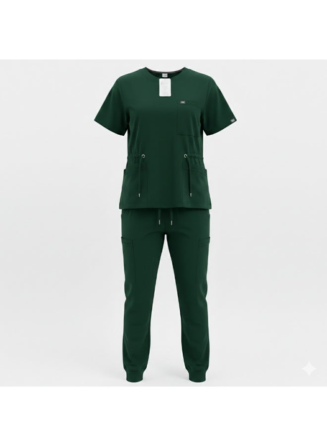 Dark green, short-sleeved medical scrubs suitable for everyday use in hospitals and clinics. Practical design with a comfortable, easy-care, and easy-to-clean fabric. - Image 1