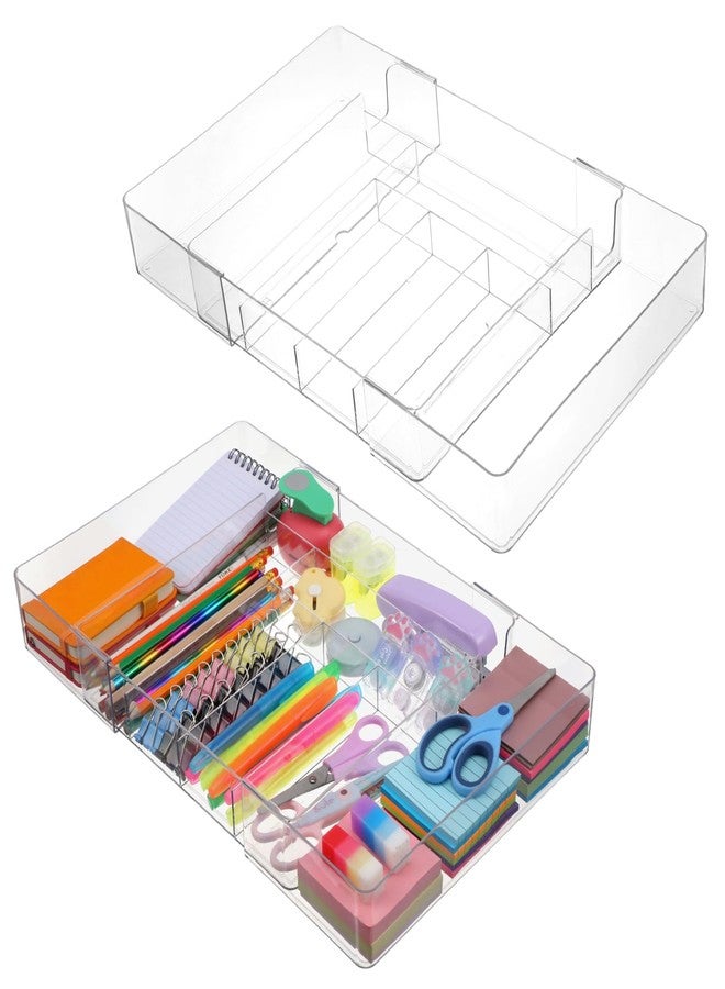 xozeooeu 2 Pcs Clear Expandable Drawer Organizer, Adjustable Drawer Dividers Tray with Compartments for Office, Kitchen, Desk Supplies - Image 1