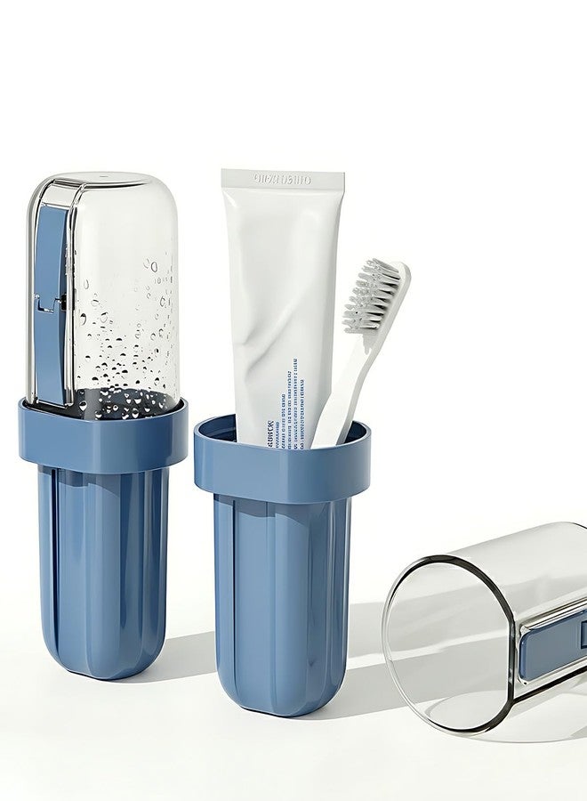 IEFFPIN 2 in 1 Toothbrush Travel Case, Portable Toothbrush Holder for Traveling, Travel Tooth Brush Cup and Toothpaste with Cover, Bathroom Toiletries Organizer Container for Camp School Business Trip (Blue - Image 1