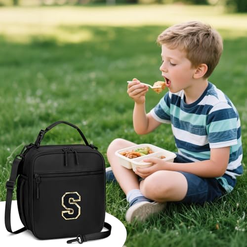 CLOUDWINGS Initial Insulated Lunch Bag for Boys Kids, Back to School Gift, Reusable Leak-proof Lunch Box with Adjustable Strap for School Daycare Travel Picnic（Black，S） - Image 2