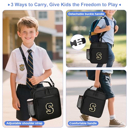 CLOUDWINGS Initial Insulated Lunch Bag for Boys Kids, Back to School Gift, Reusable Leak-proof Lunch Box with Adjustable Strap for School Daycare Travel Picnic（Black，S） - Image 4