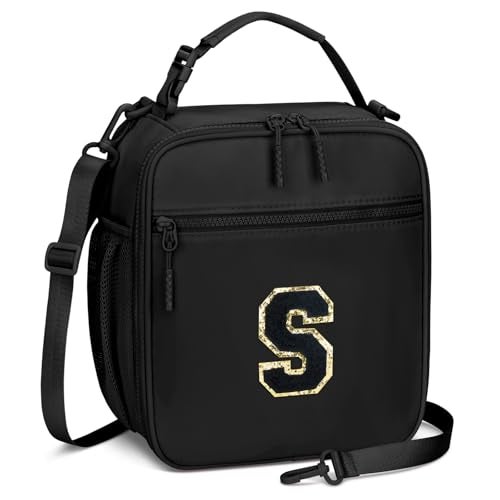 CLOUDWINGS Initial Insulated Lunch Bag for Boys Kids, Back to School Gift, Reusable Leak-proof Lunch Box with Adjustable Strap for School Daycare Travel Picnic（Black，S） - Image 1
