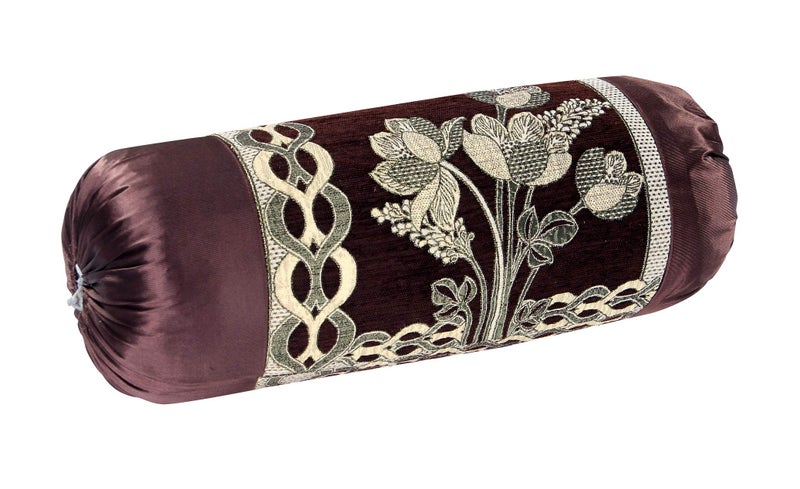 HSR Collection Velvet Chenille Bolster Cover Set (32x16 inches, Wine) - 2 Piece - Image 2