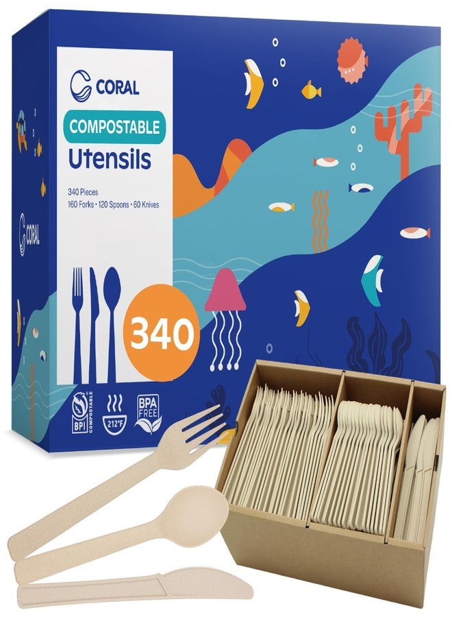 CORAL Light Brown 100% Compostable Silverware Set 340 Pieces - Heavy Duty 160 Forks, 120 Spoons, 60 Knives Bulk - Break Resistant with Smooth Edges, Ocean Friendly Alternative to Plastic Utensils - Image 1