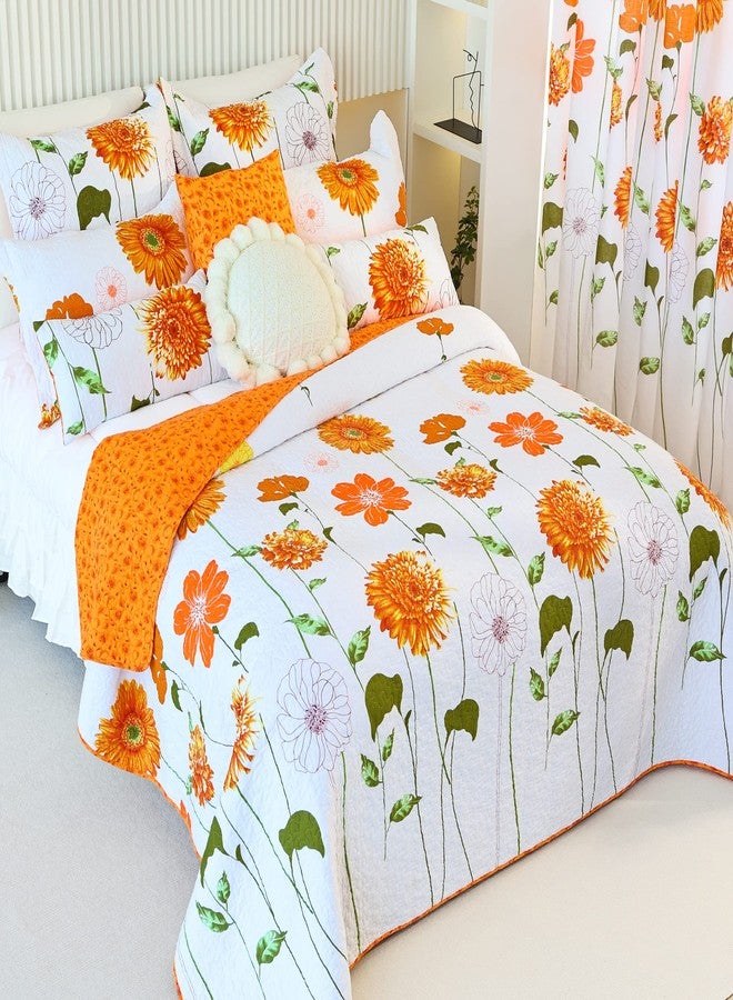 EVENHUG 100% Cotton Quilt Queen Size Orange Sunflower Bedding Set Floral Lightweight Full Quilt Reversible Coverlet Bedspread with 2 Pillow Shams All Seasons 3 Pieces (92"x96") - Image 2