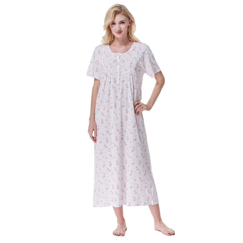 Keyocean Womenâ€˜s Nightgowns, Soft Cotton Comfy Lightweight Short Sleeve Ladies Sleepwear, Pink Floral, XX-Large (XXL) - Image 1
