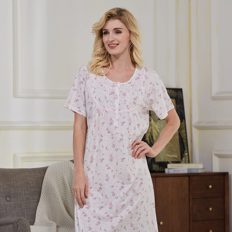 Keyocean Womenâ€˜s Nightgowns, Soft Cotton Comfy Lightweight Short Sleeve Ladies Sleepwear, Pink Floral, XX-Large (XXL) - Image 4
