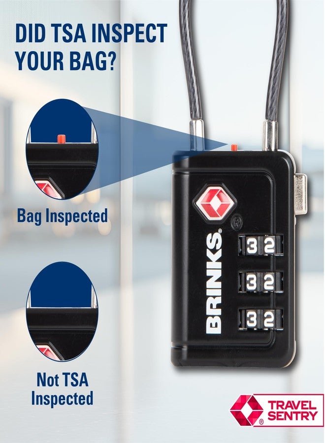 BRINKS قفل أمتعة برينكس معتمد من إدارة أمن النقل الأمريكية (TSA)، أسود اللون - قابل لإعادة الضبط بثلاثة أرقام، وقفل كابل بطول 1.5 بوصة، ومفتاح TSA008 جديد أكثر أمانًا، عبوة من 4 قطع - Image 2
