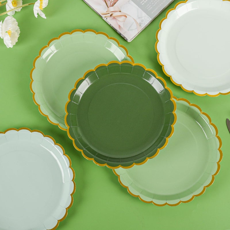 AimFun 24 Pcs Sage Green Scalloped Party Plates St Patricks Day Gold Foil Paper Plates Disposable 9inch Gradient Serving Plates for Birthday Wedding Bridal Baby Shower Party Supplies - Image 3