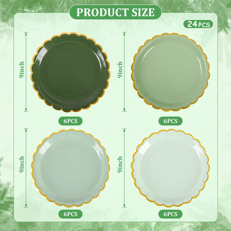 AimFun 24 Pcs Sage Green Scalloped Party Plates St Patricks Day Gold Foil Paper Plates Disposable 9inch Gradient Serving Plates for Birthday Wedding Bridal Baby Shower Party Supplies - Image 2