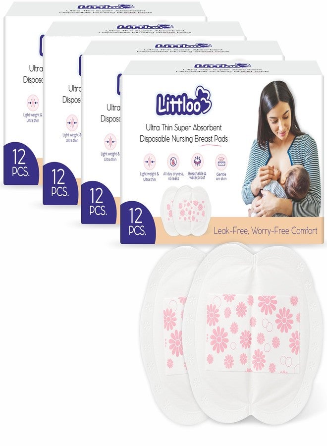 Littloo Ultra Thin Disposable Nursing Breast Pads - 12 Count (Pack of 4) | Super Absorbent, Individually Wrapped, Leak-Proof & Soft | Lightweight, Waterproof & Breathable - Image 1