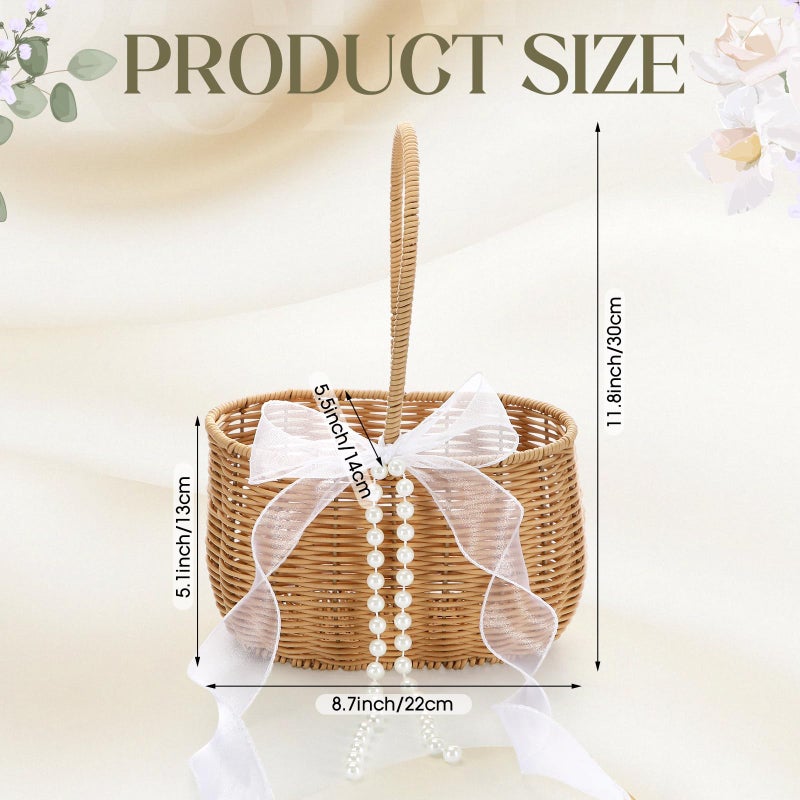 SiliFine 2 Pcs Wicker Rattan Flower Girl Basket with Bows and Pearl 11.8x8.7x5.1 Inches Rustic Wedding Basket for Flower Girl, Hand Woven Willow Storage for Ceremonies Home Decoration (Classic) - Image 2