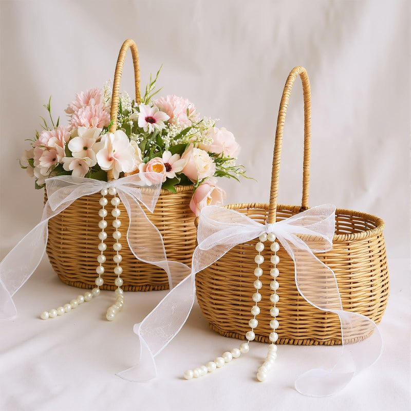 SiliFine 2 Pcs Wicker Rattan Flower Girl Basket with Bows and Pearl 11.8x8.7x5.1 Inches Rustic Wedding Basket for Flower Girl, Hand Woven Willow Storage for Ceremonies Home Decoration (Classic) - Image 1