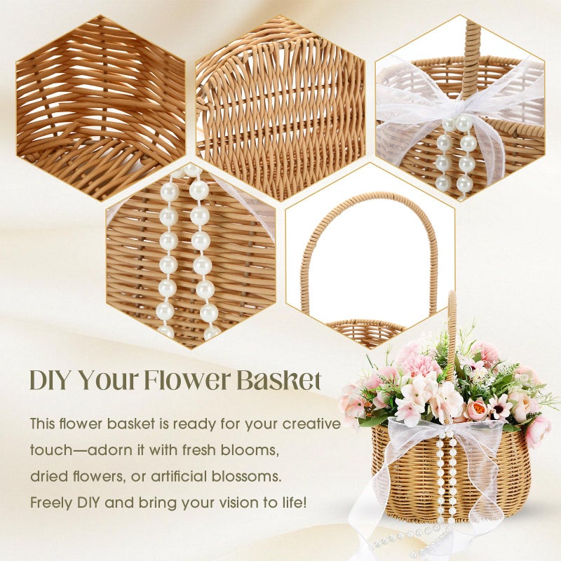 SiliFine 2 Pcs Wicker Rattan Flower Girl Basket with Bows and Pearl 11.8x8.7x5.1 Inches Rustic Wedding Basket for Flower Girl, Hand Woven Willow Storage for Ceremonies Home Decoration (Classic) - Image 3