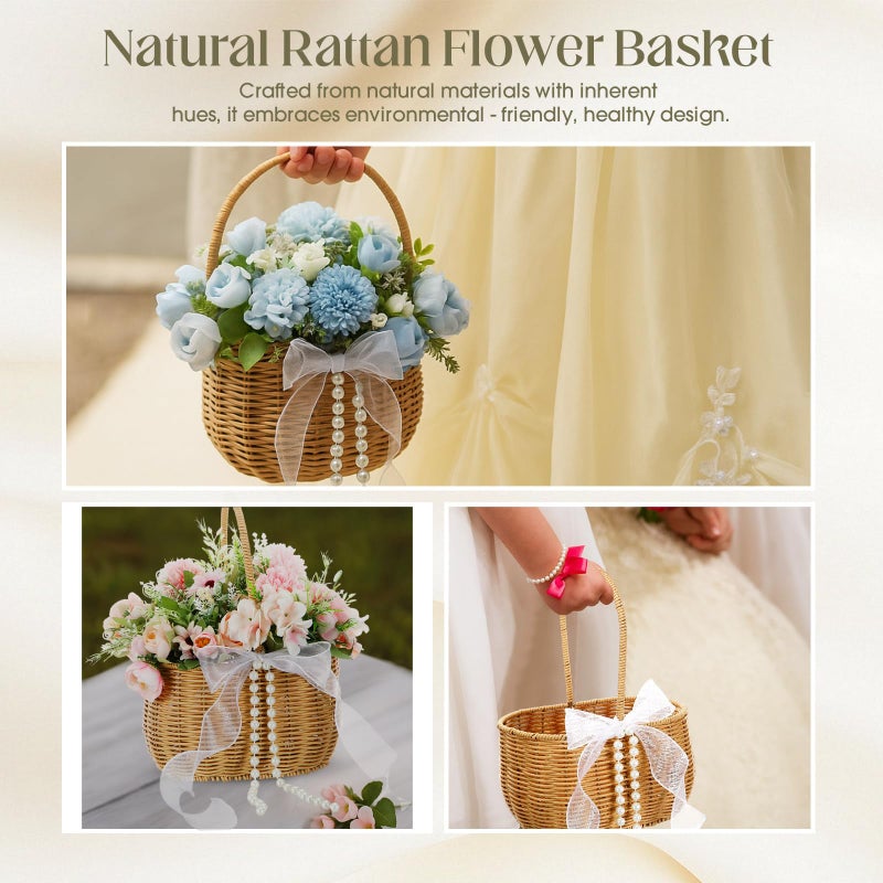SiliFine 2 Pcs Wicker Rattan Flower Girl Basket with Bows and Pearl 11.8x8.7x5.1 Inches Rustic Wedding Basket for Flower Girl, Hand Woven Willow Storage for Ceremonies Home Decoration (Classic) - Image 5
