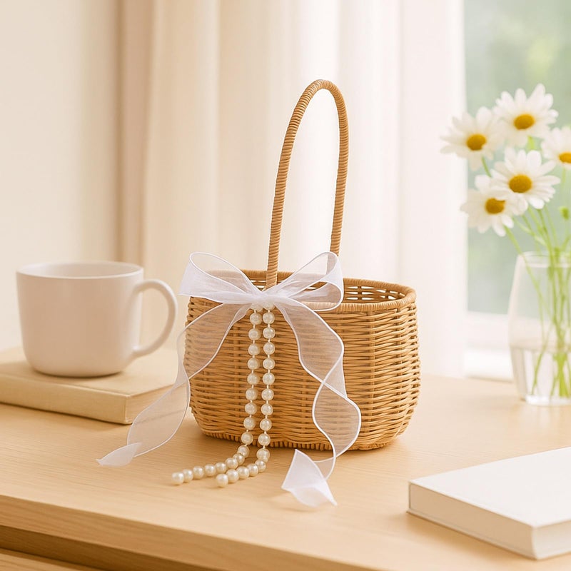 SiliFine 2 Pcs Wicker Rattan Flower Girl Basket with Bows and Pearl 11.8x8.7x5.1 Inches Rustic Wedding Basket for Flower Girl, Hand Woven Willow Storage for Ceremonies Home Decoration (Classic) - Image 4