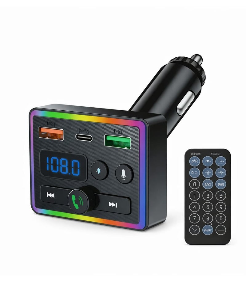 LDNIO-8 38W Fast Car Charger Multi-Port Type-C PD + 2 USB QC3.0 Auto-ID with Car Battery Voltage Display, RGB Light, Bluetooth FM Transmitter & Remote Control for iPhone Android Phones