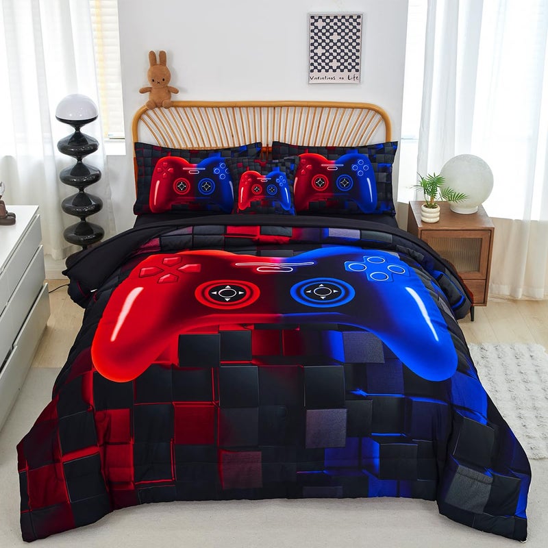 PERFEMET 6 Pieces Gaming Bedding Sets Full Size Red and Blue Gamer Comforter Set for Boys Girls Soft Fluffy 3D Cool Video Game Kids Bed in A Bag for All Seasons(Red Blue, Full) - Image 1