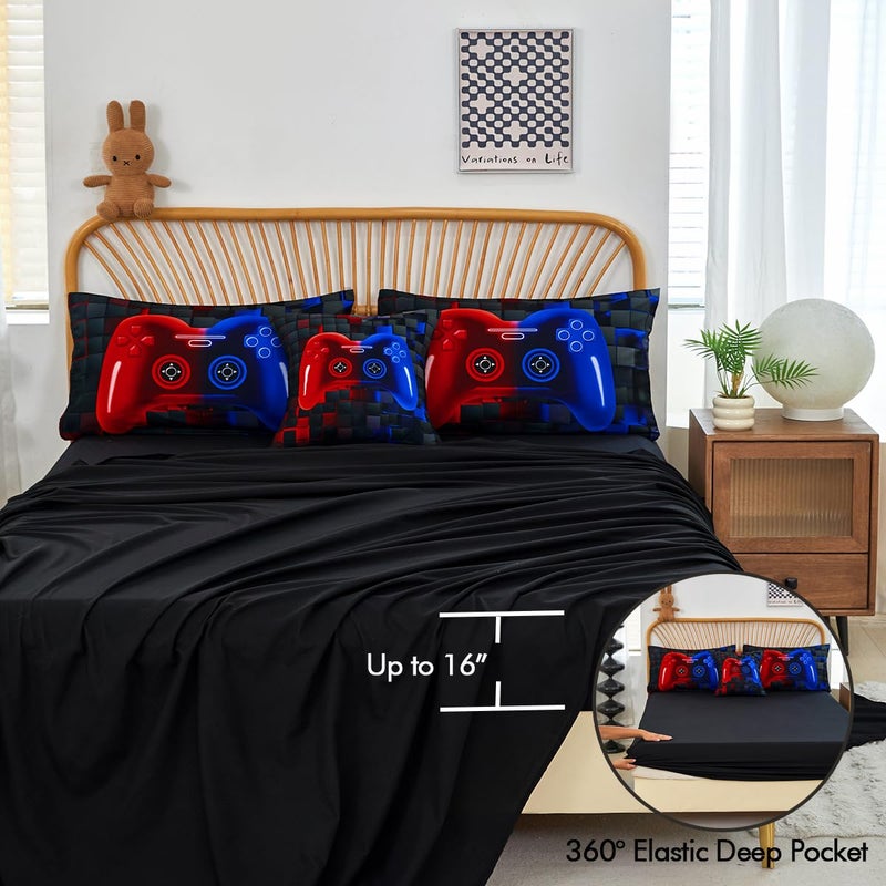 PERFEMET 6 Pieces Gaming Bedding Sets Full Size Red and Blue Gamer Comforter Set for Boys Girls Soft Fluffy 3D Cool Video Game Kids Bed in A Bag for All Seasons(Red Blue, Full) - Image 5