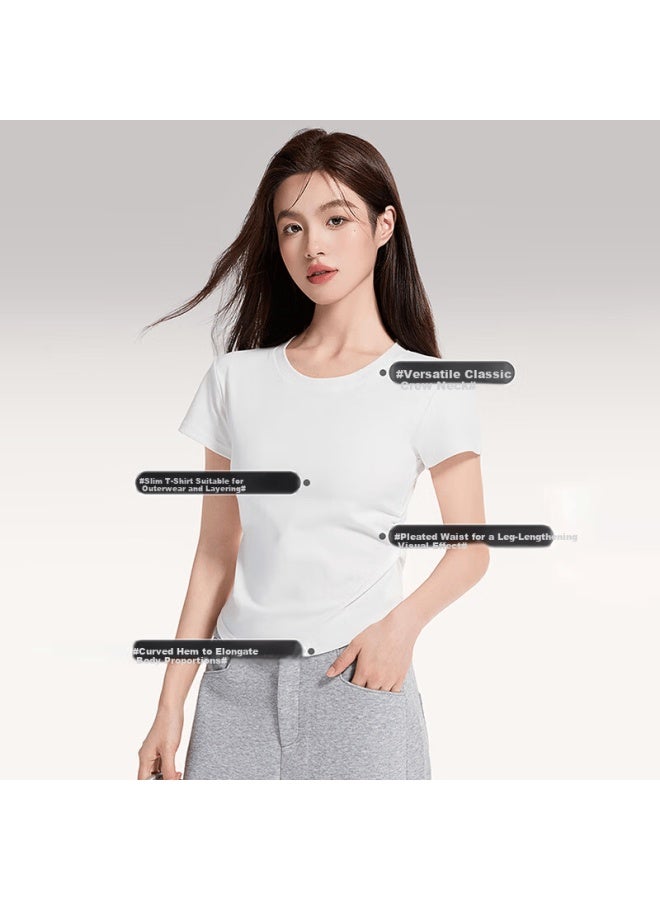Don't speak Bieyu Women's Structured Shoulder Short Sleeve T-shirt Summer Design Pleated Waist Cinched Puff Sleeve Cropped Top Navy Blue 2XL - Image 2