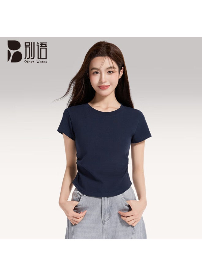 Don't speak Bieyu Women's Structured Shoulder Short Sleeve T-shirt Summer Design Pleated Waist Cinched Puff Sleeve Cropped Top Navy Blue 2XL - Image 1
