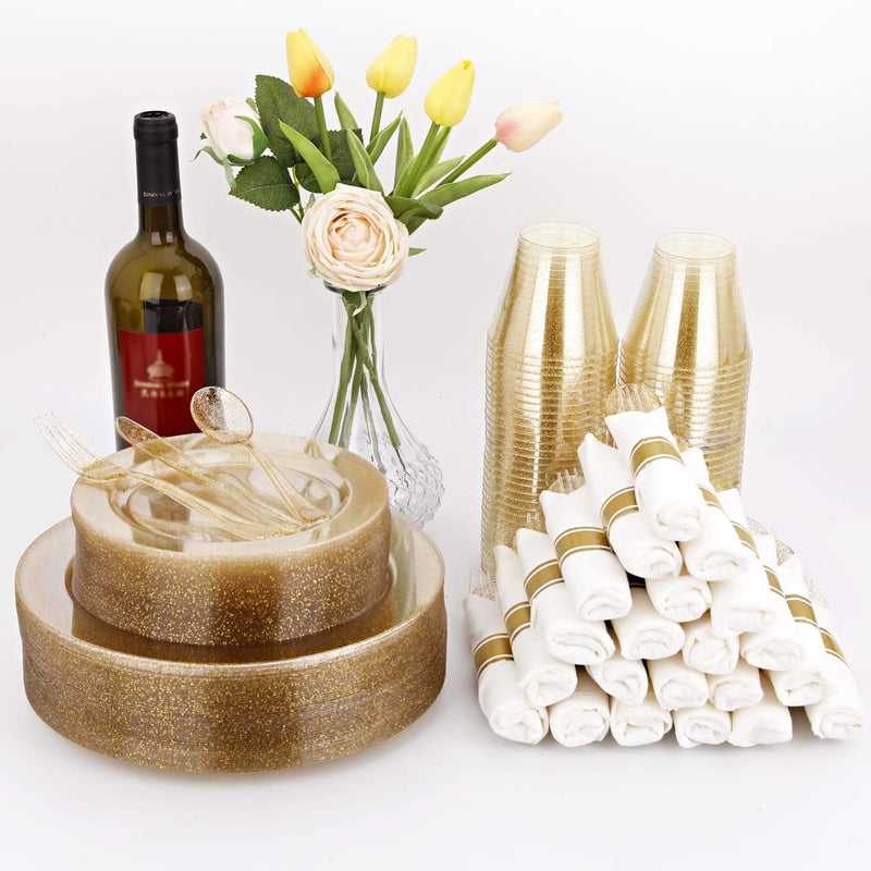 DaYammi 350Pcs Gold Glitter Dinnerware Set 50 Guest for Party Gold Plates Disposable - 50 Dinner Plate,50 Dessert Plate,50 Per Rolled Napkins with Gold Cutlery,50 Plastic Cups 9 OZ for Party Wedding - Image 2