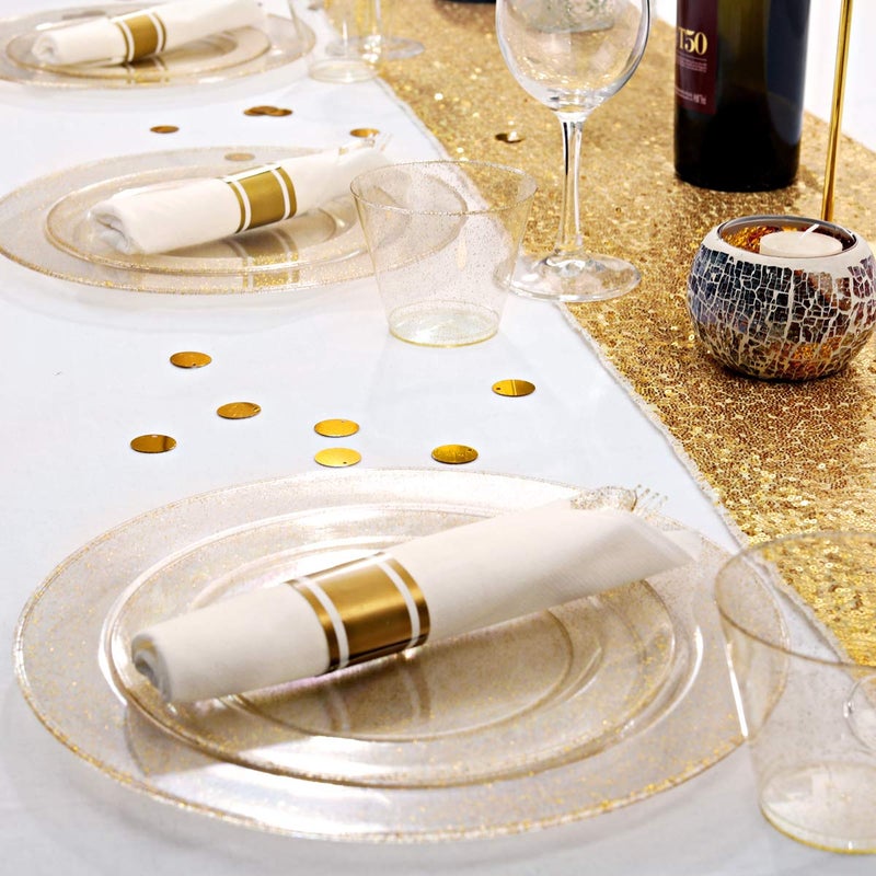 DaYammi 350Pcs Gold Glitter Dinnerware Set 50 Guest for Party Gold Plates Disposable - 50 Dinner Plate,50 Dessert Plate,50 Per Rolled Napkins with Gold Cutlery,50 Plastic Cups 9 OZ for Party Wedding - Image 4