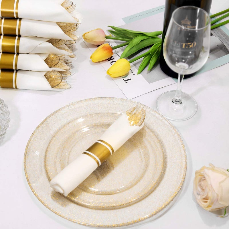DaYammi 350Pcs Gold Glitter Dinnerware Set 50 Guest for Party Gold Plates Disposable - 50 Dinner Plate,50 Dessert Plate,50 Per Rolled Napkins with Gold Cutlery,50 Plastic Cups 9 OZ for Party Wedding - Image 3