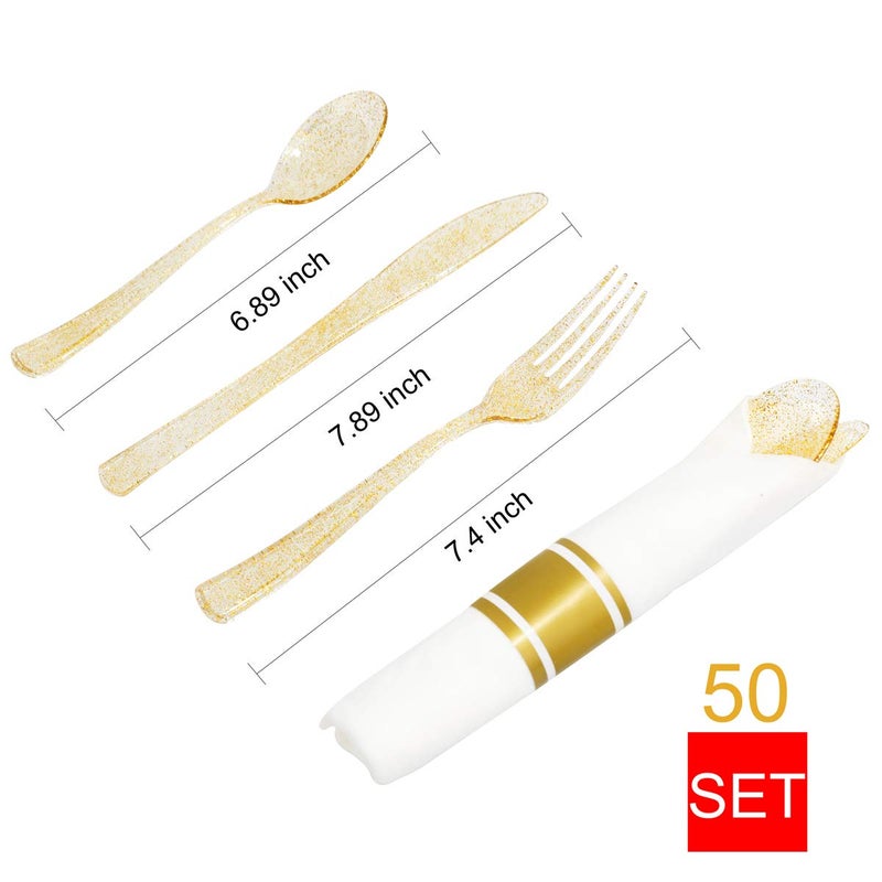 DaYammi 350Pcs Gold Glitter Dinnerware Set 50 Guest for Party Gold Plates Disposable - 50 Dinner Plate,50 Dessert Plate,50 Per Rolled Napkins with Gold Cutlery,50 Plastic Cups 9 OZ for Party Wedding - Image 5