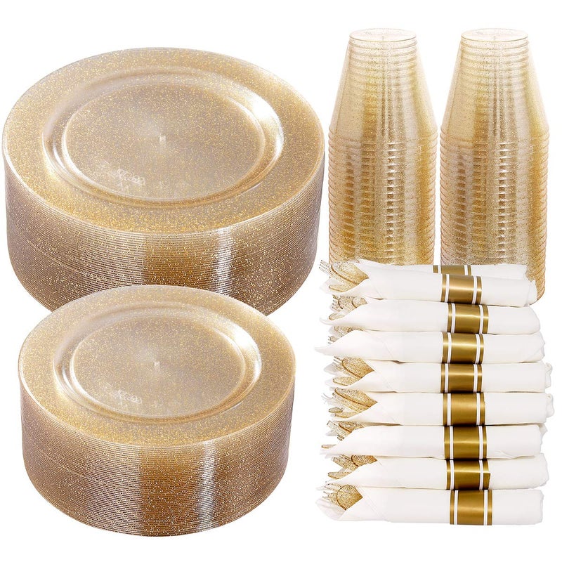 DaYammi 350Pcs Gold Glitter Dinnerware Set 50 Guest for Party Gold Plates Disposable - 50 Dinner Plate,50 Dessert Plate,50 Per Rolled Napkins with Gold Cutlery,50 Plastic Cups 9 OZ for Party Wedding - Image 1