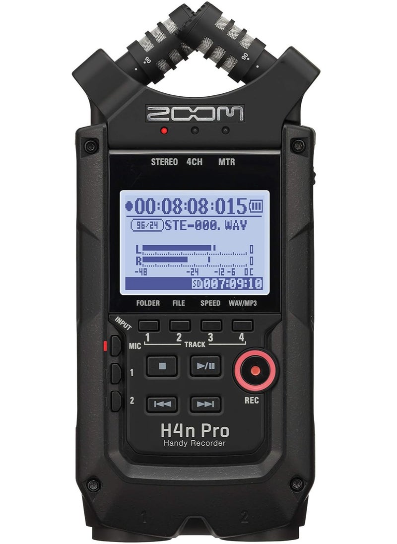 زوم - مسجل صوت محمول Zoom H4N Pro أسود بالكامل رباعي المسارات (موديل 2020)، ميكروفونات ستيريو، مدخلان XLR/¼ بوصة، مدخلات جيتار، يعمل بالبطارية، مسجل متعدد المسارات للموسيقى، صوت للفيديو، بودكاست - Image 1