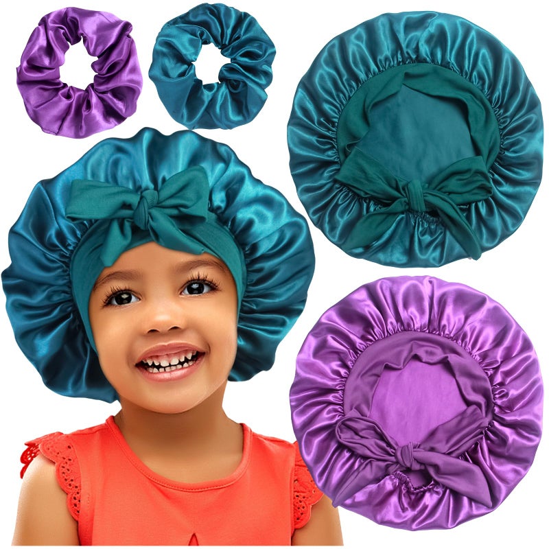 Heniho 2+2 Satin Bonnets with Scrunchies for Kids, Cute Hair Bonnets for Girls Sleeping Curly Hair, B - Image 1