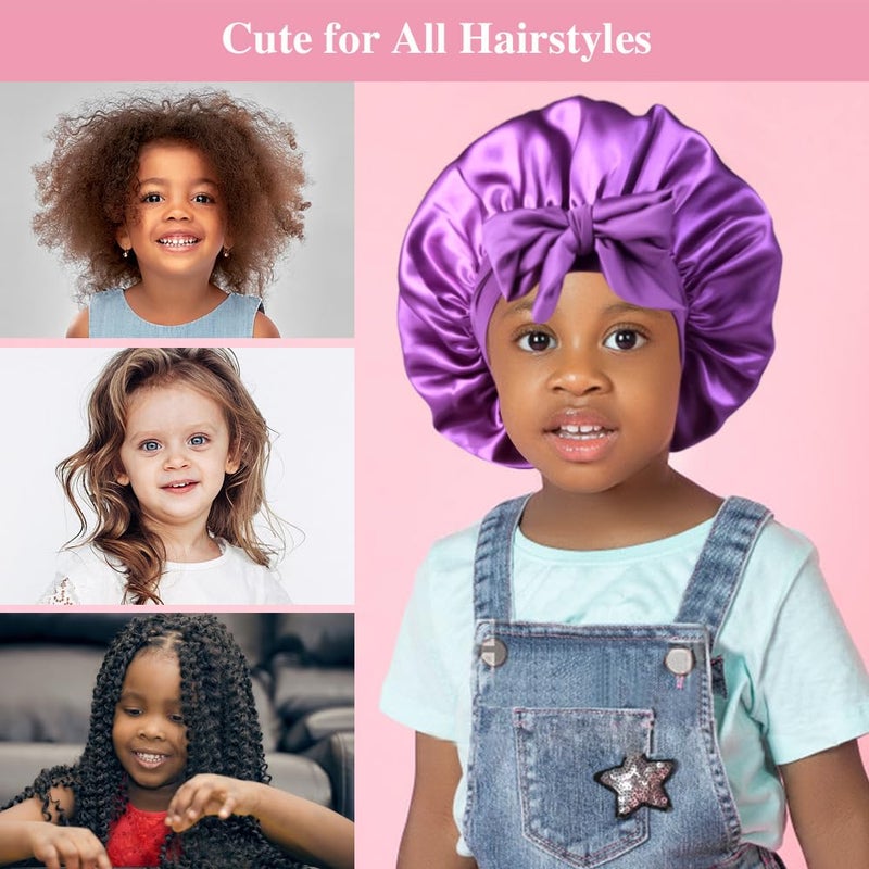 Heniho 2+2 Satin Bonnets with Scrunchies for Kids, Cute Hair Bonnets for Girls Sleeping Curly Hair, B - Image 3