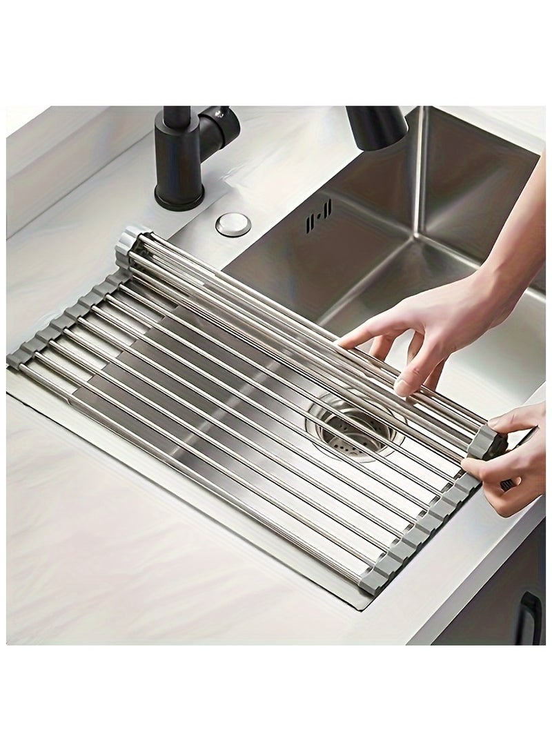Stainless Steel Foldable Drain Rack for Kitchen Sink - Food-Safe, Space-Saving Water Filter & Dish Drainer with Roller Shutter, Ideal for Fruits & Vegetables Washing, Over The Sink Dish Drying Rack - Image 1