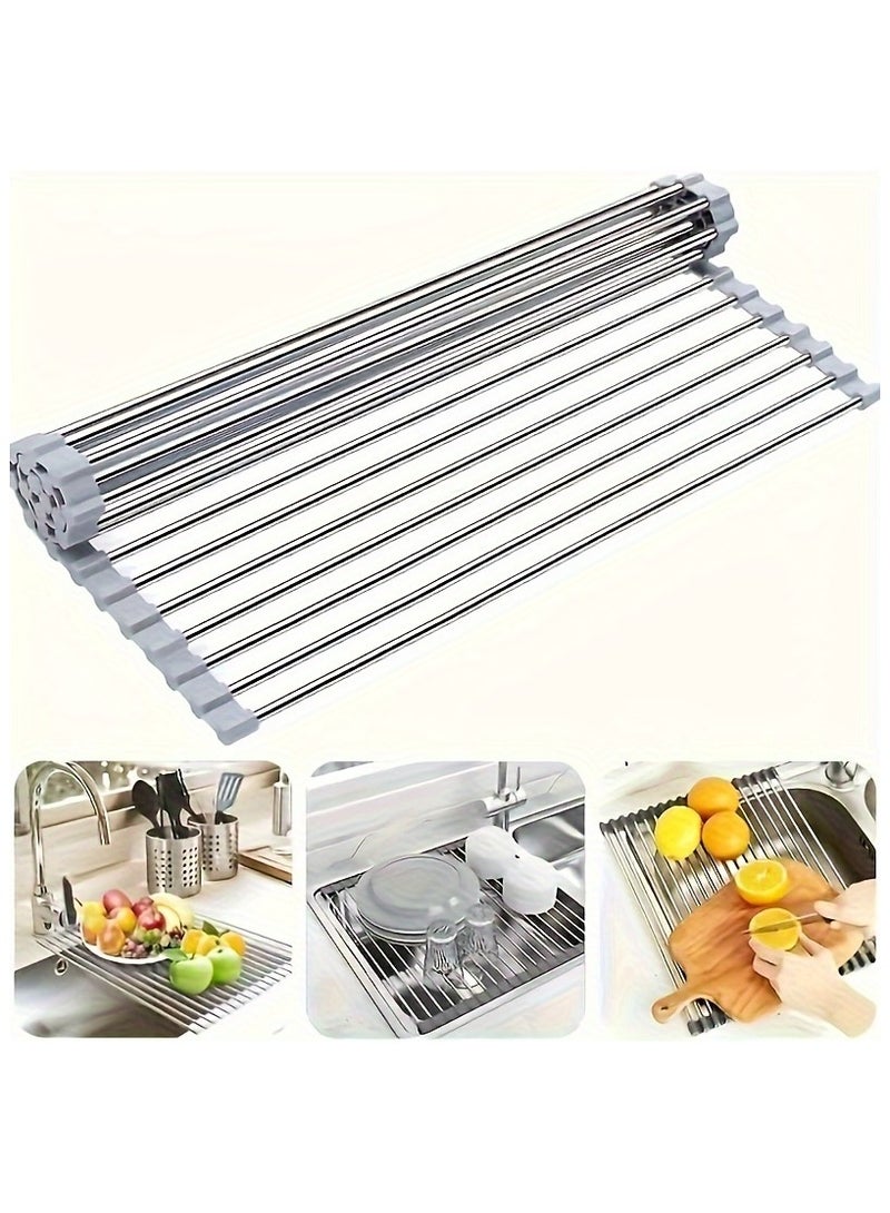 Stainless Steel Foldable Drain Rack for Kitchen Sink - Food-Safe, Space-Saving Water Filter & Dish Drainer with Roller Shutter, Ideal for Fruits & Vegetables Washing, Over The Sink Dish Drying Rack - Image 2