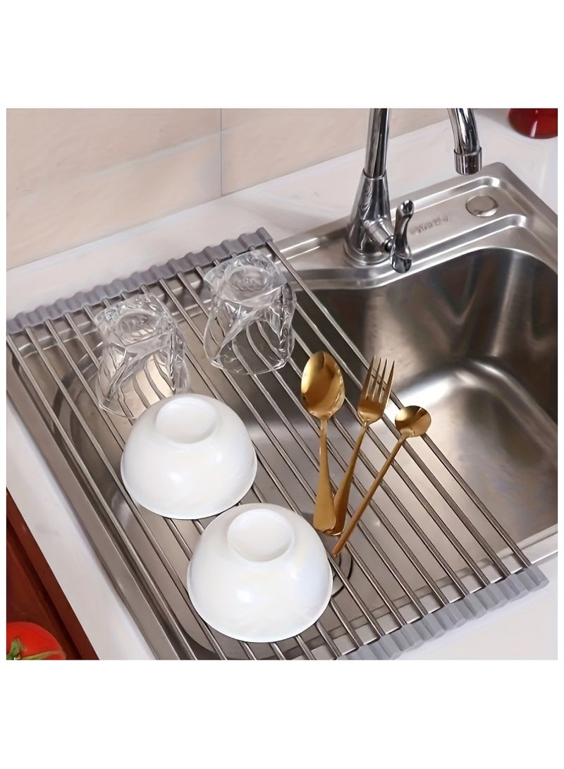 Stainless Steel Foldable Drain Rack for Kitchen Sink - Food-Safe, Space-Saving Water Filter & Dish Drainer with Roller Shutter, Ideal for Fruits & Vegetables Washing, Over The Sink Dish Drying Rack - Image 3