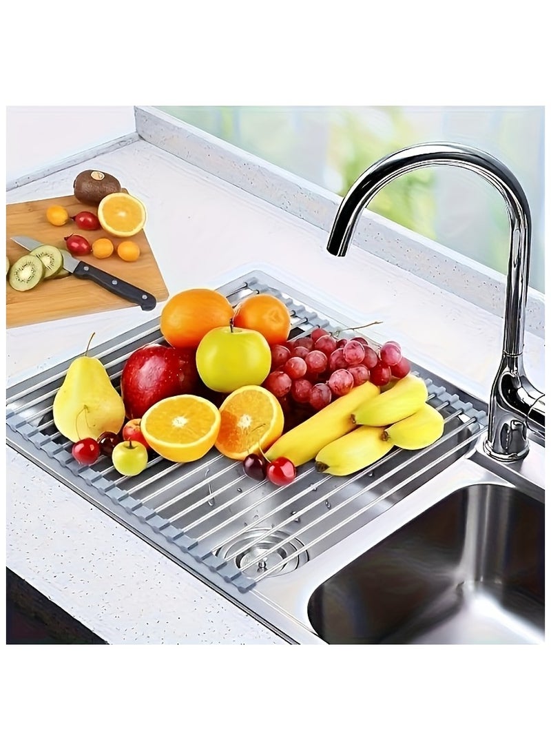 Stainless Steel Foldable Drain Rack for Kitchen Sink - Food-Safe, Space-Saving Water Filter & Dish Drainer with Roller Shutter, Ideal for Fruits & Vegetables Washing, Over The Sink Dish Drying Rack - Image 5