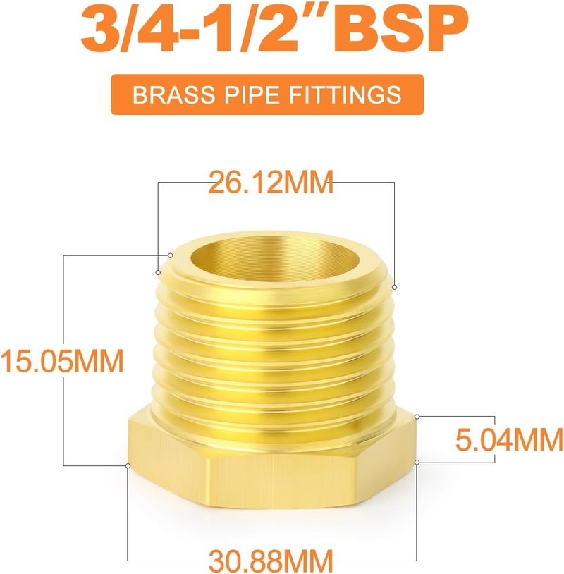 غاشر 5 قطع من محول نحاسي سداسي مخفض 3/4" ذكر BSP × 1/2" أنثى BSP، تركيبات أنابيب نحاسية ملولبة - Image 2
